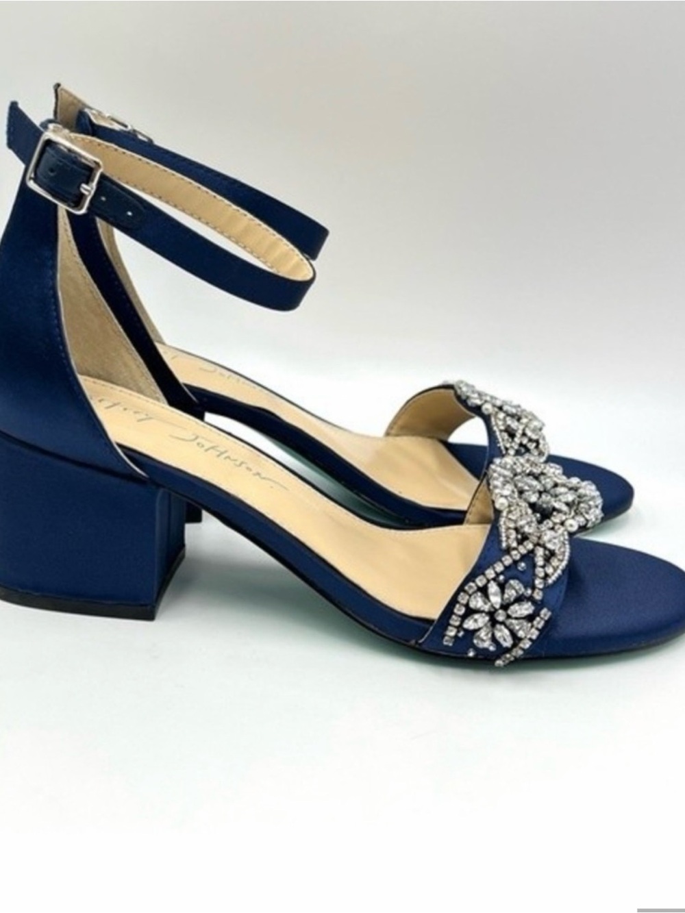 Betsey Johnson Navy Satin Crystal Bow Block Heels